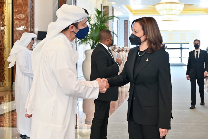 US Vice President Kamala Harris offers condolences to Sheikh Abdullah bin Zayed, UAE Minister of Foreign Affairs and International Co-operation, following the death of Sheikh Khalifa. All photos: Ministry of Presidential Affairs