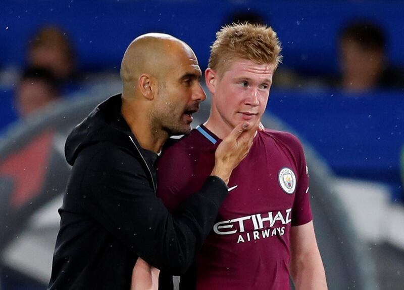 Soccer Football - Premier League - Chelsea vs Manchester City - Stamford Bridge, London, Britain - September 30, 2017   Manchester City manager Pep Guardiola with Manchester City's Kevin De Bruyne after the match   REUTERS/Eddie Keogh  EDITORIAL USE ONLY. No use with unauthorized audio, video, data, fixture lists, club/league logos or "live" services. Online in-match use limited to 75 images, no video emulation. No use in betting, games or single club/league/player publications. Please contact your account representative for further details.