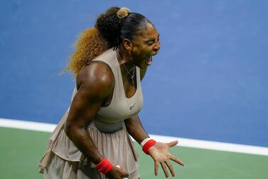 Serena Williams, of the United States, reacts during during a semifinal match of the US Open tennis championships against Victoria Azarenka, of Belarus, Thursday, Sept. 10, 2020, in New York. (AP Photo/Seth Wenig)