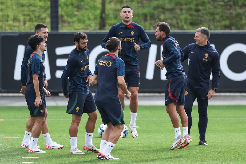 Cristiano Ronaldo and his Portugal teammates take part in a training session ahead of the Euro 2024 qualifiers against Slovakia and Luxembourg. EPA