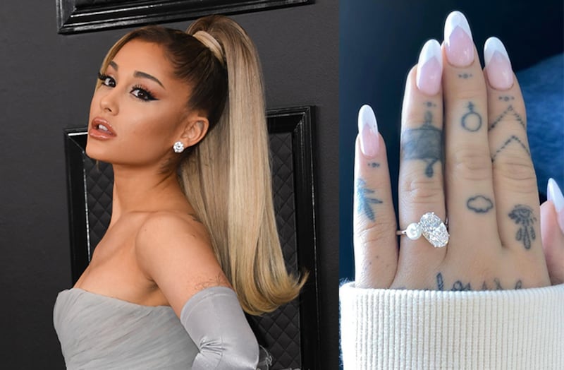 Ariana Grande's engagement ring is a diamond set on an axis alongside a single pearl, thought to be from her grandfather's tie pin