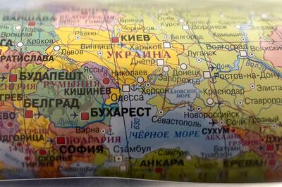 A map in a Moscow bookshop shows large areas of Ukraine as belonging to Russia after purported annexations. AFP 