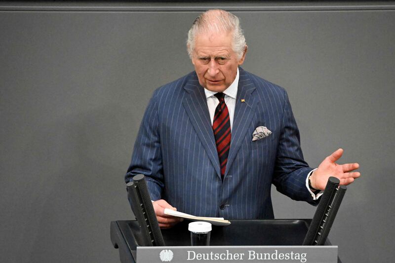 King Charles III delivers a speech at the Bundestag in Berlin, some of which was in German. AFP