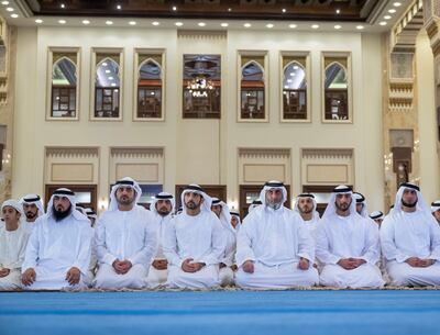 Sheikh Hamdan and Sheikh Maktoum perform Eid prayers in Dubai. Photo: Sheikh Hamdan / Twitter