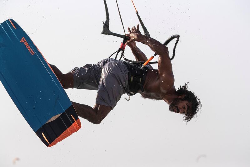 DUBAI, UNITED ARAB EMIRATES. 12 OCTOBER 2020. UAE kitesurfing champion Mohammed Al Mansoori. Mohammed got into the sport after falling in a coma from a biking accident which also broke both his legs and meant that he couldn't walk for years. As the captain of the UAE kitesurfing club, he calls
for more Emiratis to join the sport so it could grow in the region and they could have a GCC league. (Photo: Antonie Robertson/The National) Journalist: Haneed Dajani. Section: National.
