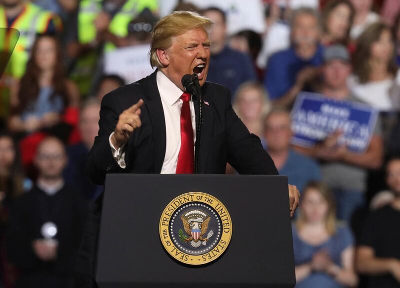 President Donald Trump addresses the audience at a Make America Great Again rally at the Four Seasons Arena at Montana ExpoPark, Thursday, July 5, 2018, in Great Falls, Mont., in support of Rep. Greg Gianforte, R-Mont., and GOP Senate candidate Matt Rosendale. (AP Photo/Jim Urquhart)