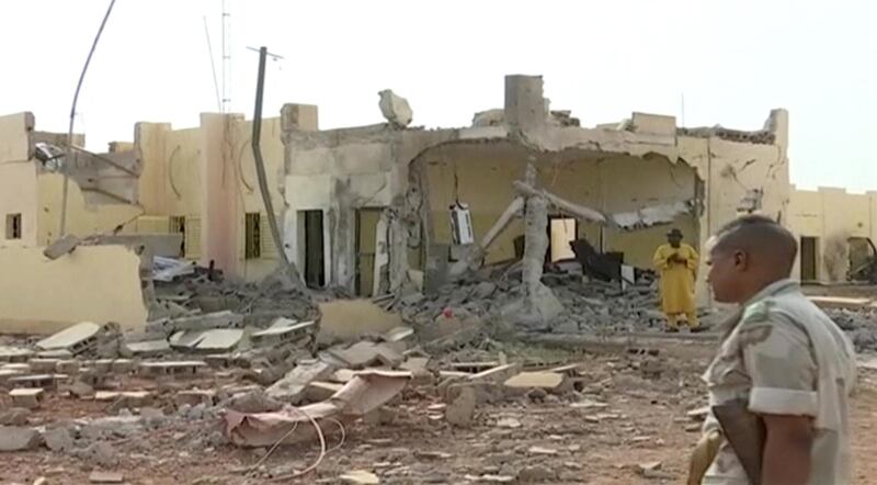 A still image taken from a video shot on June 29, 2018, shows the damage inside African military taskforce, G5 sahel headquarters, in the town of Sevare, Mali. Le Sahelien/Handout via Reuters TV   ATTENTION EDITORS - THIS IMAGE WAS PROVIDED BY A THIRD PARTY.  NO RESALES. NO ARCHIVES.