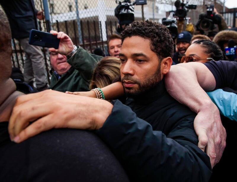 'Empire' TV series actor Jussie Smollett emerges from the Cook County Court complex after posting 10 per cent of a $100,000 bond. EPA/TANNEN MAURY