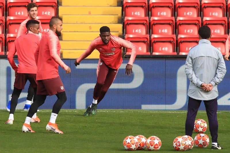 Barcelona defender Samuel Umtiti takes part in training at Anfield ahead of the Uefa Champions League semi-final, second leg against Liverpool. AFP