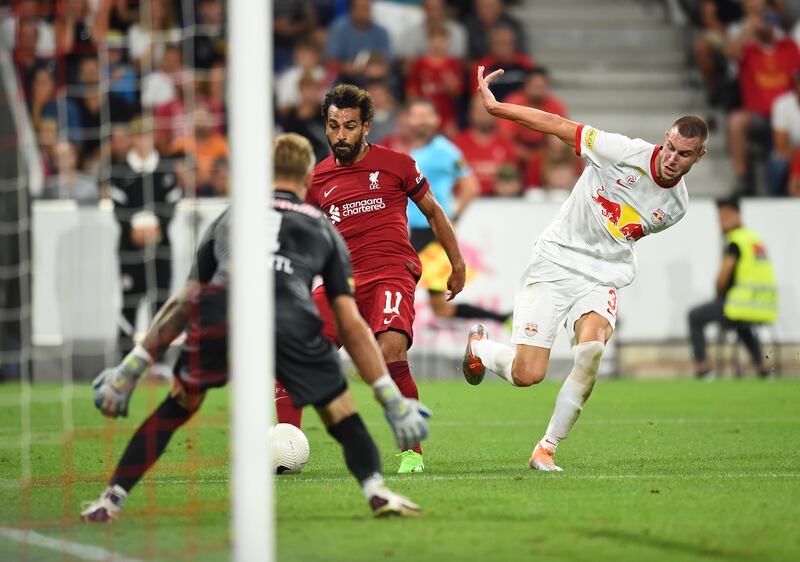 Mohamed Salah goes through on goal against Red Bull Salzburg. Getty