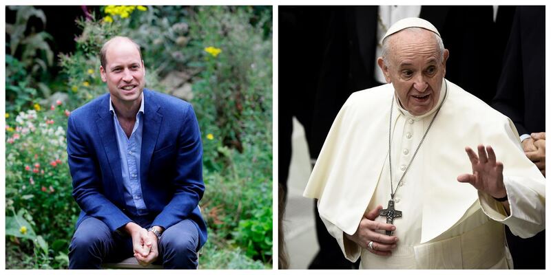 The Pope, right, and Prince William will join 50 activists, artists, celebrities and politicians for the free-streamed Ted event. AFP