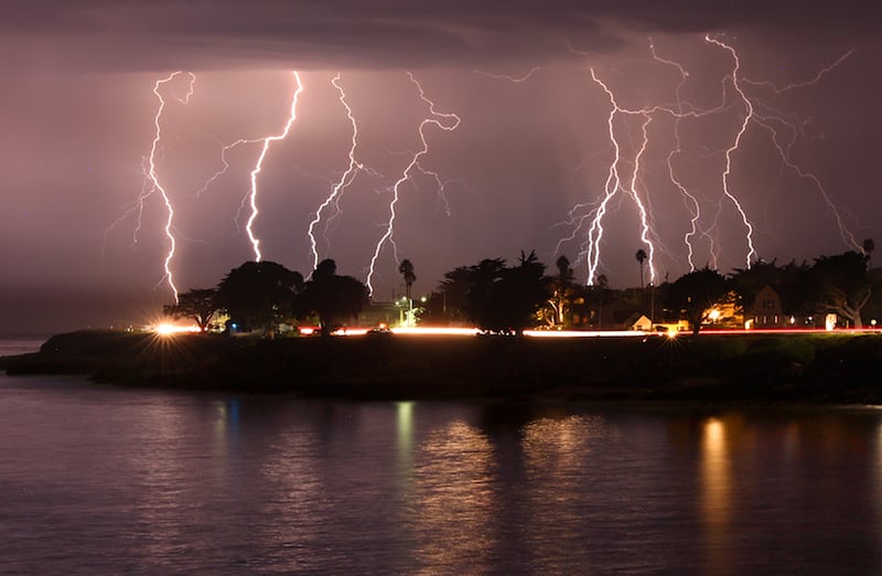 A rare lightning storm crackles over Mitchell's Cove in early morning in Santa Cruz, California in August. AP