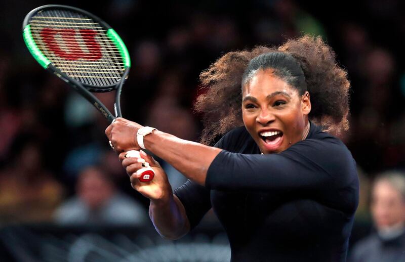 FILE - In this March 5, 2018, file photo, Serena Williams returns to Zhang Shuai, of Chin,  during the semi-final round of the Tie Break Tens tournament at Madison Square Garden in New York. Williams has committed to return to the Bay Area this summer and play in the former Stanford WTA stop that will move to San Jose State University for the first time. (AP Photo/Kathy Willens, File)
