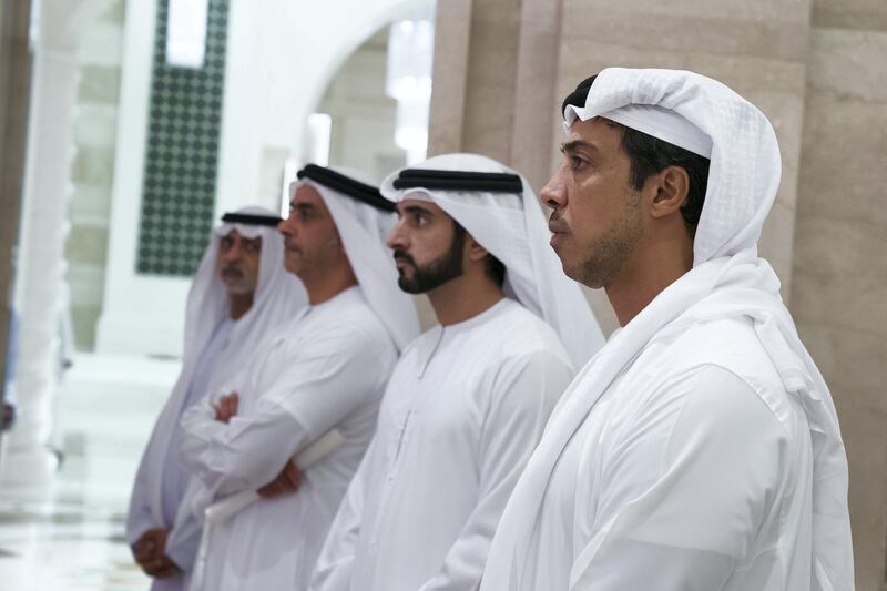 ABU DHABI, UNITED ARAB EMIRATES - November 10, 2019: HH Sheikh Mansour bin Zayed Al Nahyan, UAE Deputy Prime Minister and Minister of Presidential Affairs (R), attends the National Experts Program graduation ceremony, in the Vice President's wing at Qasr Al Watan. Seen with HH Sheikh Hamdan bin Mohamed Al Maktoum, Crown Prince of Dubai (2nd R), HH Lt General Sheikh Saif bin Zayed Al Nahyan, UAE Deputy Prime Minister and Minister of Interior (3rd) and HH Sheikh Nahyan bin Mubarak Al Nahyan, UAE Minister of State for Tolerance (L)

( Mohamed Al Hammadi / Ministry of Presidential Affairs )
---