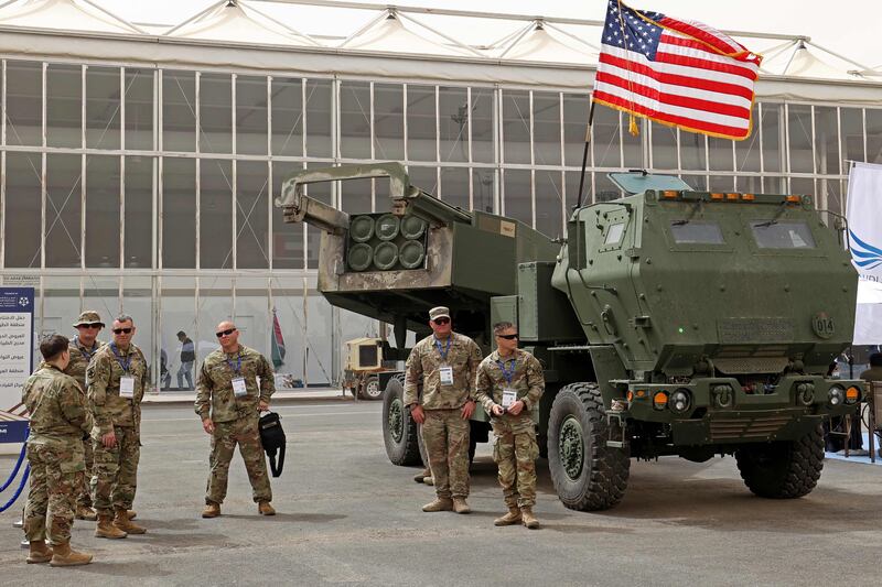 An M142 high-mobility artillery rocket system on display at the show. AFP