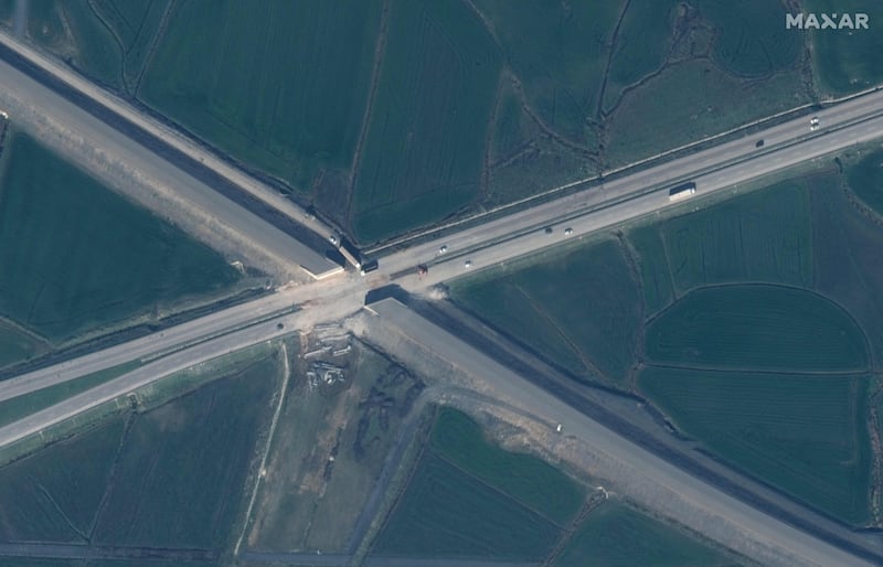 The earthquake caused a railbed overpass to collapse in Nurdagi, Turkey. AFP