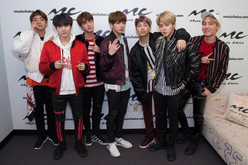 NEW YORK, NY - MARCH 22:  Jin, Suga, J-Hope, Rap Monster, Jimin, V and JungKook of the South Korean boy band 'BTS' visit Music Choice on March 22, 2017 in New York City.  (Photo by Santiago Felipe/Getty Images)