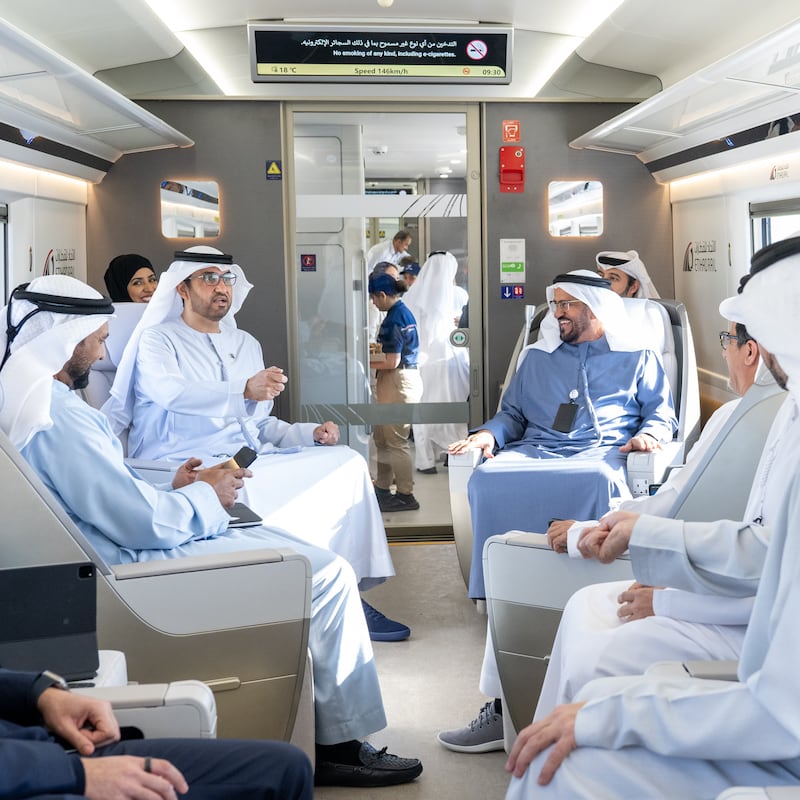 Dr Sultan Al Jaber, Minister of Industry and Advanced Technology and managing director and group chief executive of Adnoc, joined Etihad Rail’s first passenger journey linking the cities of Abu Dhabi and Al Dhannah. All photos: Adnoc