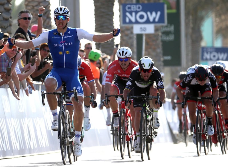 Germany's Marcel Kittel celebrates as he crosses the finish line to win the first stage of the Dubai Tour 2017 cycling race,in Dubai, Tuesday, January 31, 2017.  (Matteo Bazzi / AP Photo