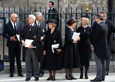 British Prime Minister Liz Truss and former prime ministers Tony Blair and John Major, after a service on the day of the state funeral of Queen Elizabeth II in Westminster Abbey, on September 19, in London. WPA Pool / Getty