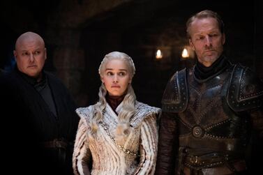 Conleth Hill (Varys), Emilia Clarke (Daenerys Targaryen) and Iain Glen (Jorah Mormont) in a scene from 'Game of Thrones', that aired Sunday, April 21, 2019. AP