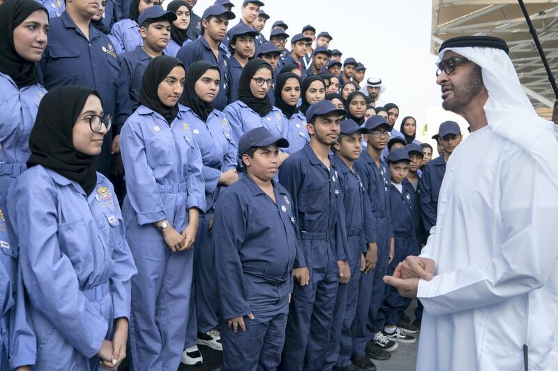 ABU DHABI, UNITED ARAB EMIRATES - August 06, 2019: HH Sheikh Mohamed bin Zayed Al Nahyan, Crown Prince of Abu Dhabi and Deputy Supreme Commander of the UAE Armed Forces (R), speaks with a group of Ministry of Education 'Giving Ambassadors', during a Sea Palace barza.

( Rashed Al Mansoori / Ministry of Presidential Affairs )
---
