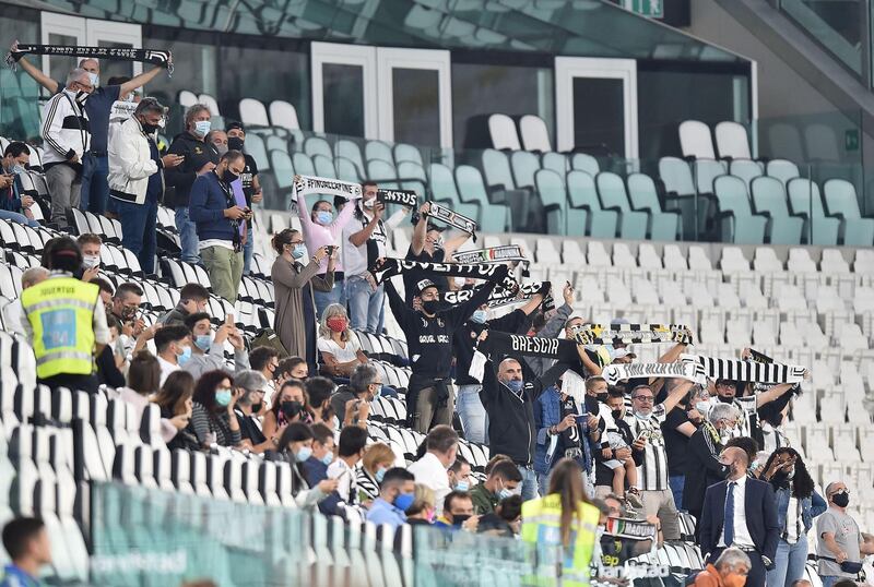 Juventus' supporters during the Italian Serie A match against Sampdoria. Italian health minister Roberto Speranza has authorised a maximum of 1000 spectators to attend sporting events taking place outdoors. EPA