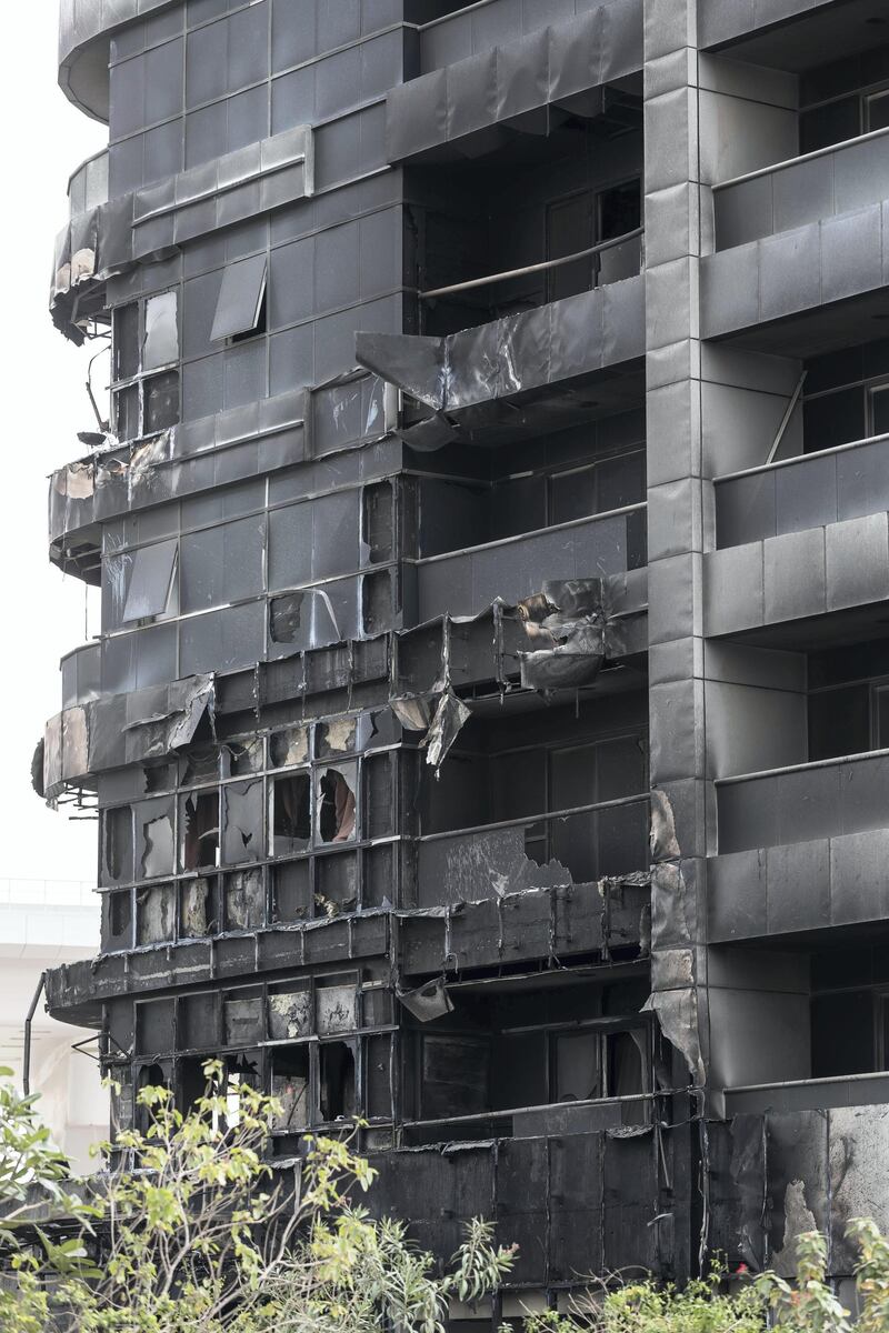 DUBAI, UNITED ARAB EMIRATES. 14 MAY 2018. Zen Tower fire in the Marina. Fire damage. (Photo: Antonie Robertson/The National) Journalist: Nicke Webster. Section: National.