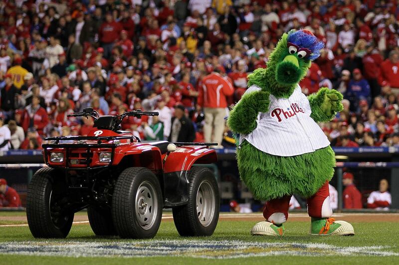 PHILADELPHIA - OCTOBER 16: The Phillie Phanatic performs during Game One of the NLCS during the 2010 MLB Playoffs between the Philadelphia Phillies and the San Francisco Giants at Citizens Bank Park on October 16, 2010 in Philadelphia, Pennsylvania.   Chris McGrath/Getty Images/AFP