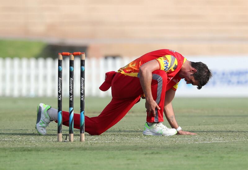 Dubai, United Arab Emirates - Reporter: Paul Radley. Sport. Cricket. Abu Dhabi's Graeme Cremer bowls during the game between Abu Dhabi and Dubai in the Emirates D10. Wednesday, July 29th, 2020. Dubai. Chris Whiteoak / The National