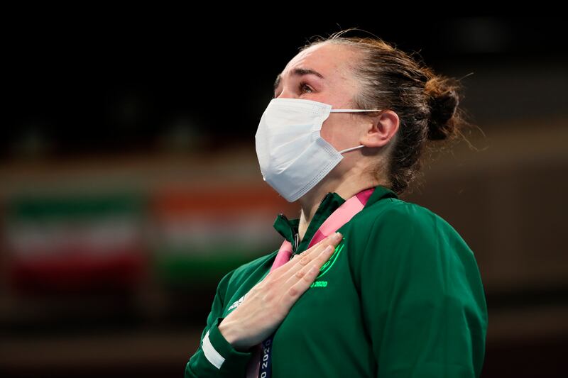 Gold medal winner Ireland's Kellie Anne Harrington during the women's lightweight 60-kg boxing medal ceremony.