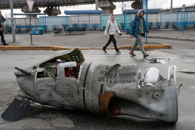 The wreckage of a missile at a bus terminal in Kyiv. Reuters