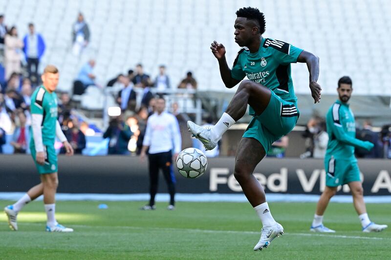 Vinicius Jr  controls the ball during a training session at the Stade de France. AFP