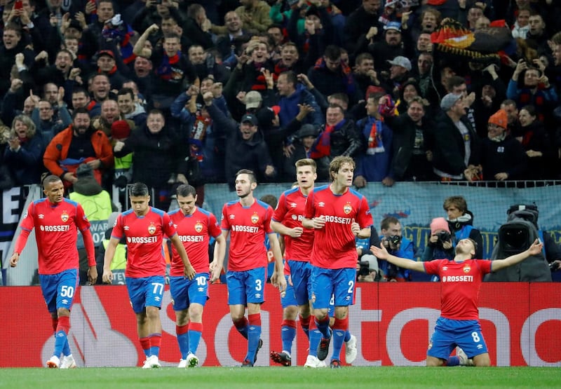 Soccer Football - Champions League - Group Stage - Group G - CSKA Moscow v Real Madrid - VEB Arena, Moscow, Russia - October 2, 2018  CSKA Moscow's Nikola Vlasic celebrates with team mates after scoring their first goal   REUTERS/Tatyana Makeyeva
