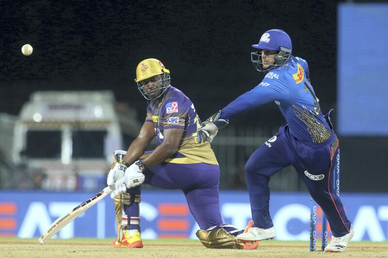 Andre Russell of Kolkata Knight Riders plays a shot during match 5 of the Vivo Indian Premier League 2021 between the Kolkata Knight Riders and the Mumbai Indians held at the M. A. Chidambaram Stadium, Chennai on the 13th April 2021.

Photo by Vipin Pawar / Sportzpics for IPL