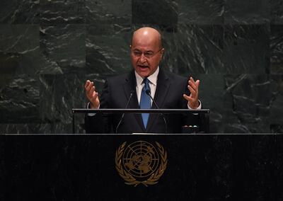 Barham Saleh, President of Iraq speaks during the 74th Session of the General Assembly during the United Nations General Assembly September 25, 2019. / AFP / TIMOTHY A. CLARY
