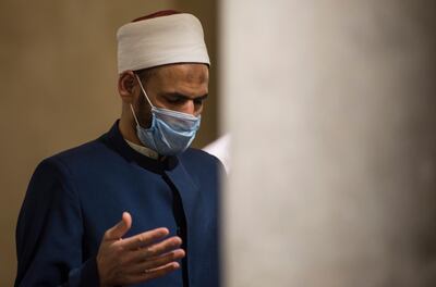 epa08432657 Muslims in Egypt performing Laylat al-Qadr (Arabic for Night of Destiny) prayer inside Al Azhar mosque in Egypt, Cairo, 19 May 2020. Laylat al-Qadr (Arabic for Night of Destiny) is believed to be the night when the first verse of Islam's holy book, the Koran, was revealed to Prophet Muhammad, the exact date is not known but it is believed to be on an odd night of the last 10 nights of the holy month of Ramadan.  EPA/Mohamed Hossam