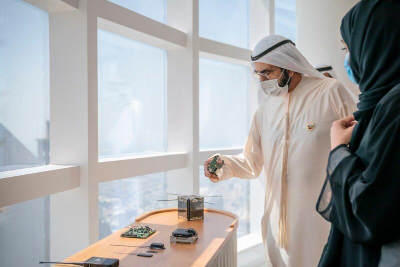 Sheikh Mohammed bin Rashid, Vice President and Ruler of Dubai, meets Marshal Intech, developers of the Ghalib satellite Courtesy: Dubai Media Office