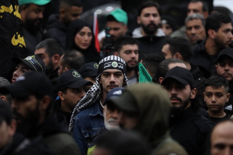 Supporters of Hamas and other Palestinian and Lebanese political factions gather during the funeral. Getty Images