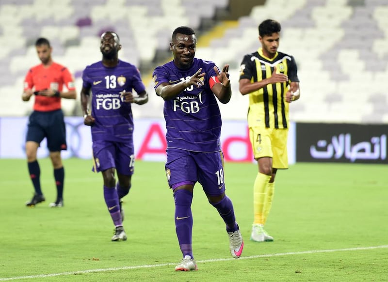 Ibrahim Diaky of Al Ain celebrates a goal against Kalba on Friday night. Photo Courtesy: Arshad Khan / Arabian Gulf League