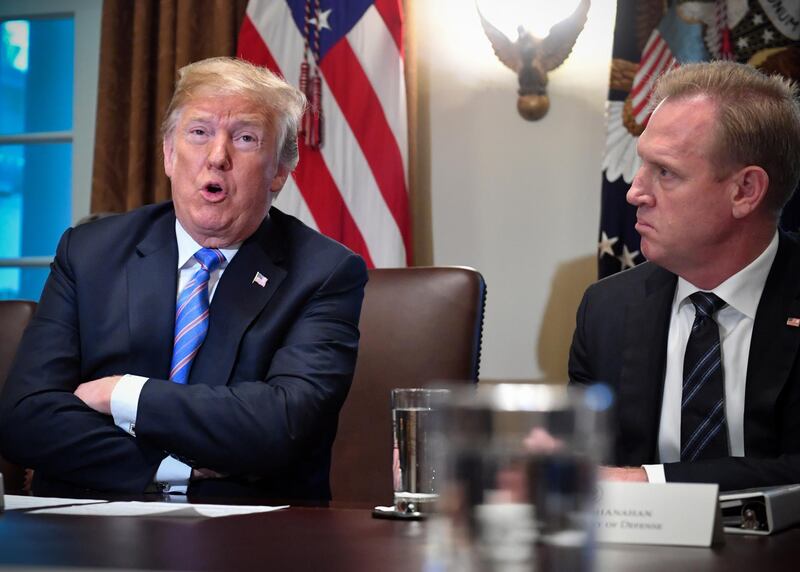 (FILES) In this picture dated July 18, 2017 US President Donald Trump and Deputy Secretary of Defense Patrick Shanahan (R), are seen during a cabinet meeting on July 18, 2018, at the White House in Washington, DC. Donald Trump on December 23, 2018 announced he would replace Defense Secretary Jim Mattis with his deputy Patrick Shanahan, days after the outgoing Pentagon chief quit while citing key policy differences with the US president. "I am pleased to announce that our very talented Deputy Secretary of Defense, Patrick Shanahan, will assume the title of Acting Secretary of Defense starting January 1, 2019," the Republican leader tweeted, accelerating Mattis's planned departure by two months. 
 / AFP / Nicholas Kamm
