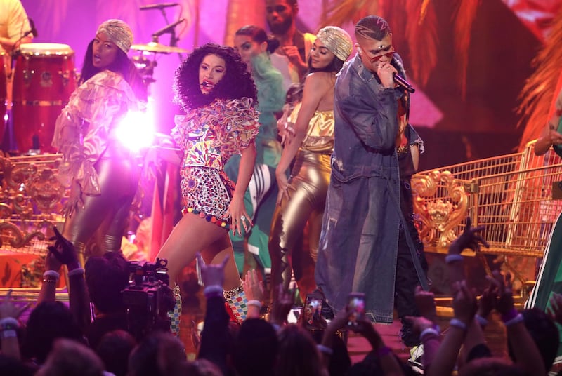 Cardi B, left, and Bad Bunny perform "I Like It" at the American Music Awards on Tuesday, Oct. 9, 2018, at the Microsoft Theater in Los Angeles. (Photo by Matt Sayles/Invision/AP)