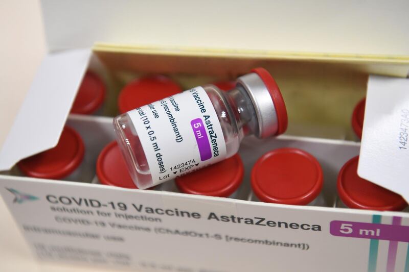 A box containing vials of the AstraZeneca Covid-19 vaccine is pictured at the Foch hospital in Suresnes, on February 6, 2021, on the start of a vaccination campaign for health workers with the AstraZeneca/Oxford vaccine. The top French medical authority Haute autorité de Santé has approved the vaccine for use in France, but only for people under 65, echoing decisions made in Sweden, Germany, Belgium and Switzerland over concerns about a lack of data on the effectiveness of the vaccine for over 65s. / AFP / Alain JOCARD
