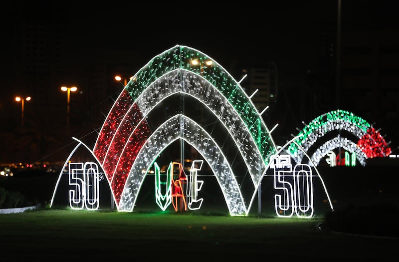 UAE 50th National Day illuminations on Kuwait Roundabout In Sharjah. Pawan Singh / The National