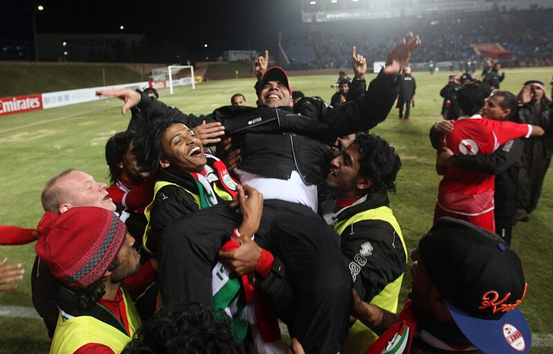 March 14, 2012 (Tashkent Uzbekistan) UAE players and staff celebrate after beating Uzbekistan 3-2 to qualify for the Olympics in Uzbekistan March 14, 2012.  (Sammy Dallal / The National)