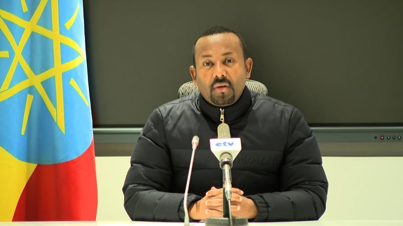 This frame grab from a video obtained from the Ethiopian Public Broadcaster (EBC) on November 4, 2020, shows Ethiopian Prime Minister Abiy Ahmed saying that he is ordering a military response to a deadly attack by the ruling party of Tigray, a region locked in a long-running dispute with Addis Ababa, on a camp housing federal troops. RESTRICTED TO EDITORIAL USE - MANDATORY CREDIT "AFP PHOTO /Ethiopian Public Broadcaster (EBC) " - NO MARKETING - NO ADVERTISING CAMPAIGNS - DISTRIBUTED AS A SERVICE TO CLIENTS
 / AFP / Ethiopian Public Broadcaster (EBC) / - / RESTRICTED TO EDITORIAL USE - MANDATORY CREDIT "AFP PHOTO /Ethiopian Public Broadcaster (EBC) " - NO MARKETING - NO ADVERTISING CAMPAIGNS - DISTRIBUTED AS A SERVICE TO CLIENTS
