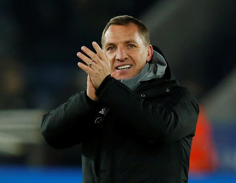 Soccer Football - Premier League - Leicester City v Everton - King Power Stadium, Leicester, Britain - December 1, 2019   Leicester City manager Brendan Rodgers applauds fans after the match    REUTERS/Andrew Yates    EDITORIAL USE ONLY. No use with unauthorized audio, video, data, fixture lists, club/league logos or "live" services. Online in-match use limited to 75 images, no video emulation. No use in betting, games or single club/league/player publications.  Please contact your account representative for further details.