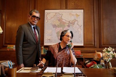 Denzil Smith as RN Kao, India's first chief of RAW, and Lara Dutta as former prime minister Indira Gandhi in 'Bell Bottom'. Photo: Pooja Entertainment