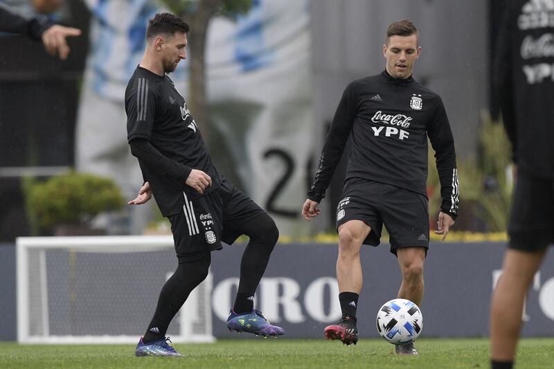 Lionel Messi and midfielder Giovani Lo Celso in training. AFP