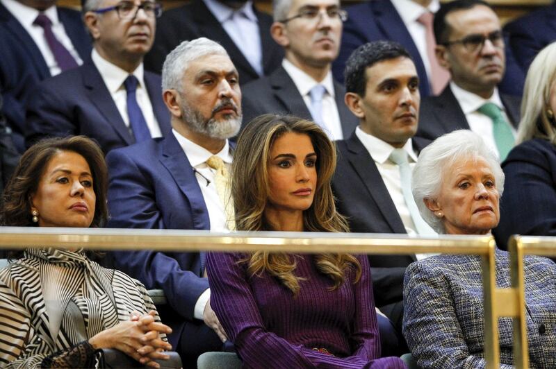 Jordan's Queen Rania, centre, and Jordan's Princess Mona, mother of King Abdullah II, attend the opening parliamentary session in the capital Amman. AFP